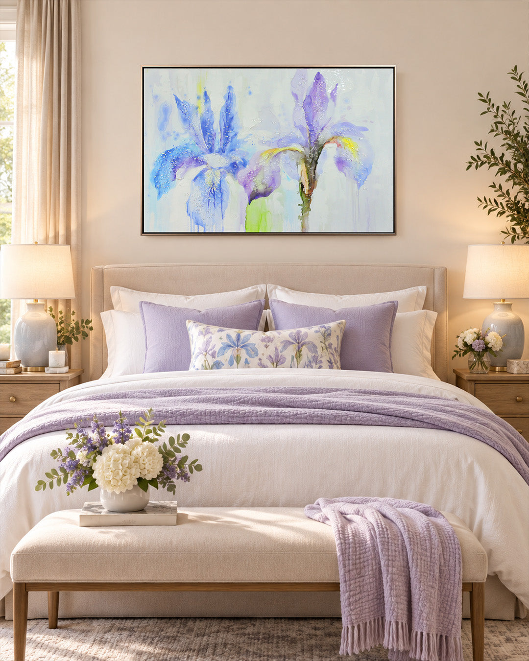 Iris & Ink blue iris resin wall art above a bed in a bedroom