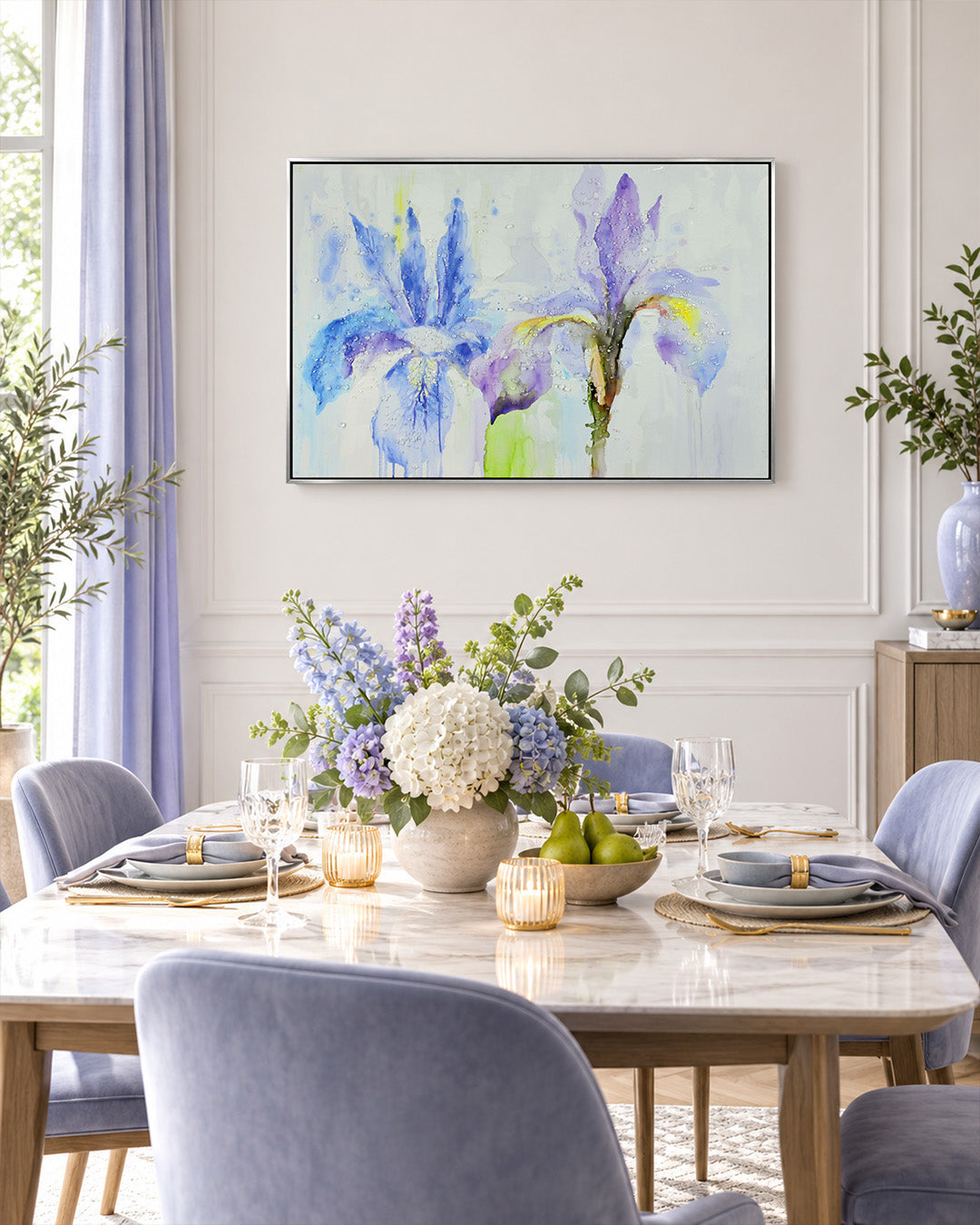 Iris & Ink blue iris resin wall art above a dining table