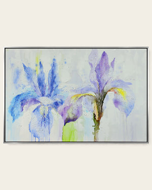 Iris & Ink blue iris resin wall art front view in a silver and black frame