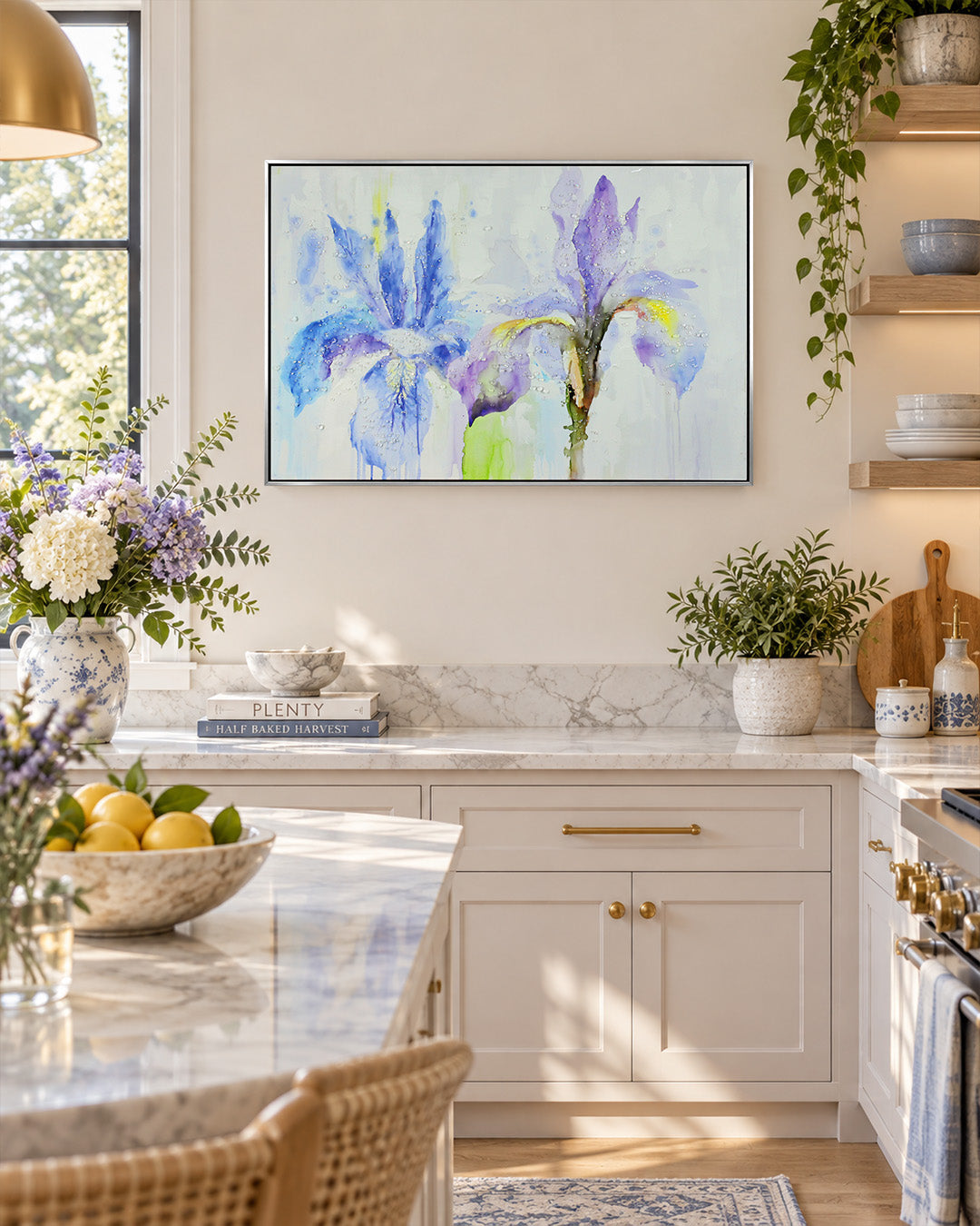 Iris & Ink blue iris resin wall art in a kitchen above the worktop