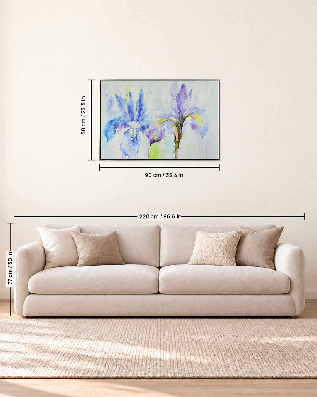 Iris & Ink blue iris resin wall art size guide above a sofa