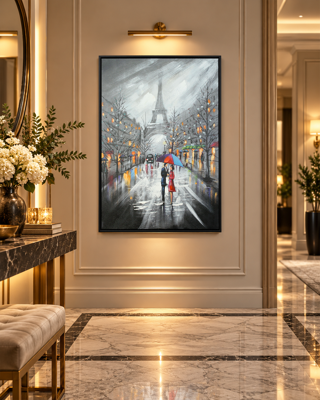 It's in the Air Paris street canvas art in a hallway above a console