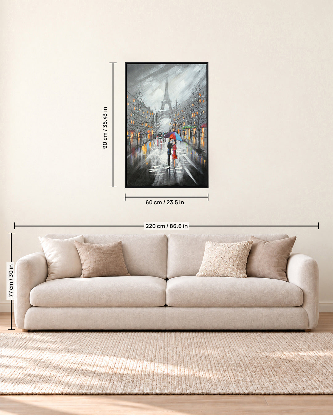 It's in the Air Paris street canvas art size guide above a sofa