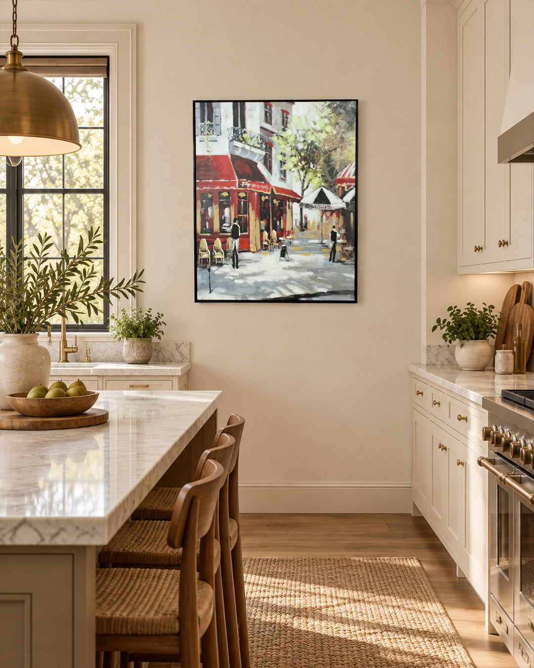 La Terrasse parisian bistro wall art in a kitchen above the counter