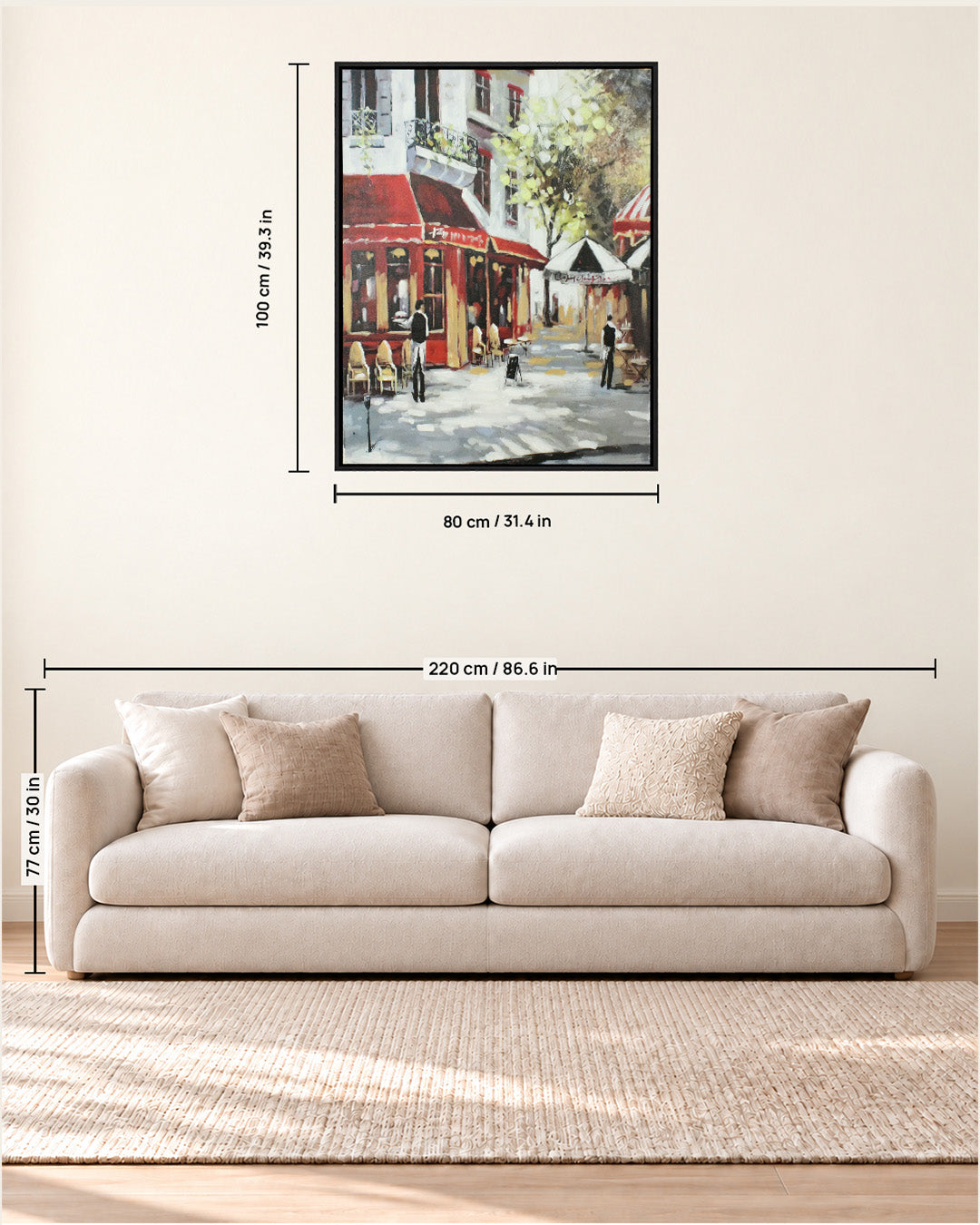 La Terrasse parisian bistro wall art size guide above a sofa