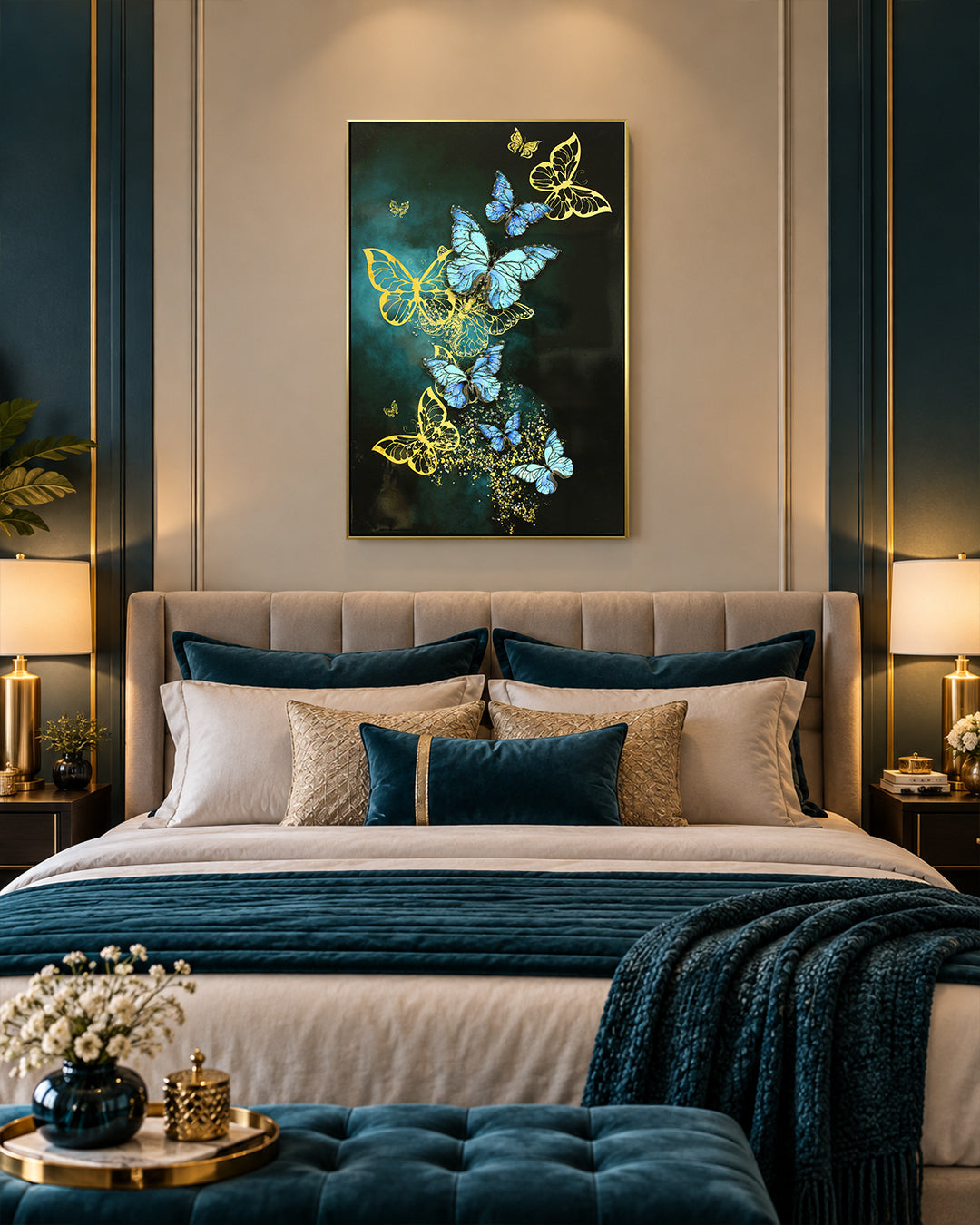 Lapis Aloft butterfly resin wall art above a bed in a bedroom