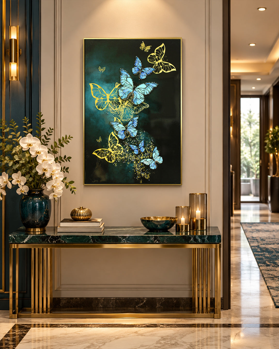 Lapis Aloft butterfly resin wall art above a console in a hallway