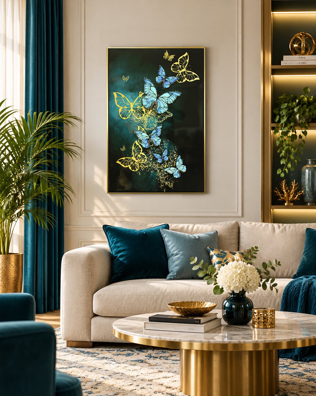 Lapis Aloft butterfly resin wall art above a sofa in a living room