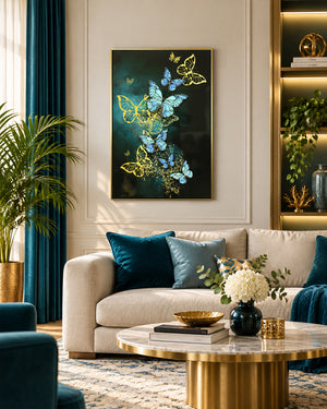 Lapis Aloft butterfly resin wall art above a sofa in a living room