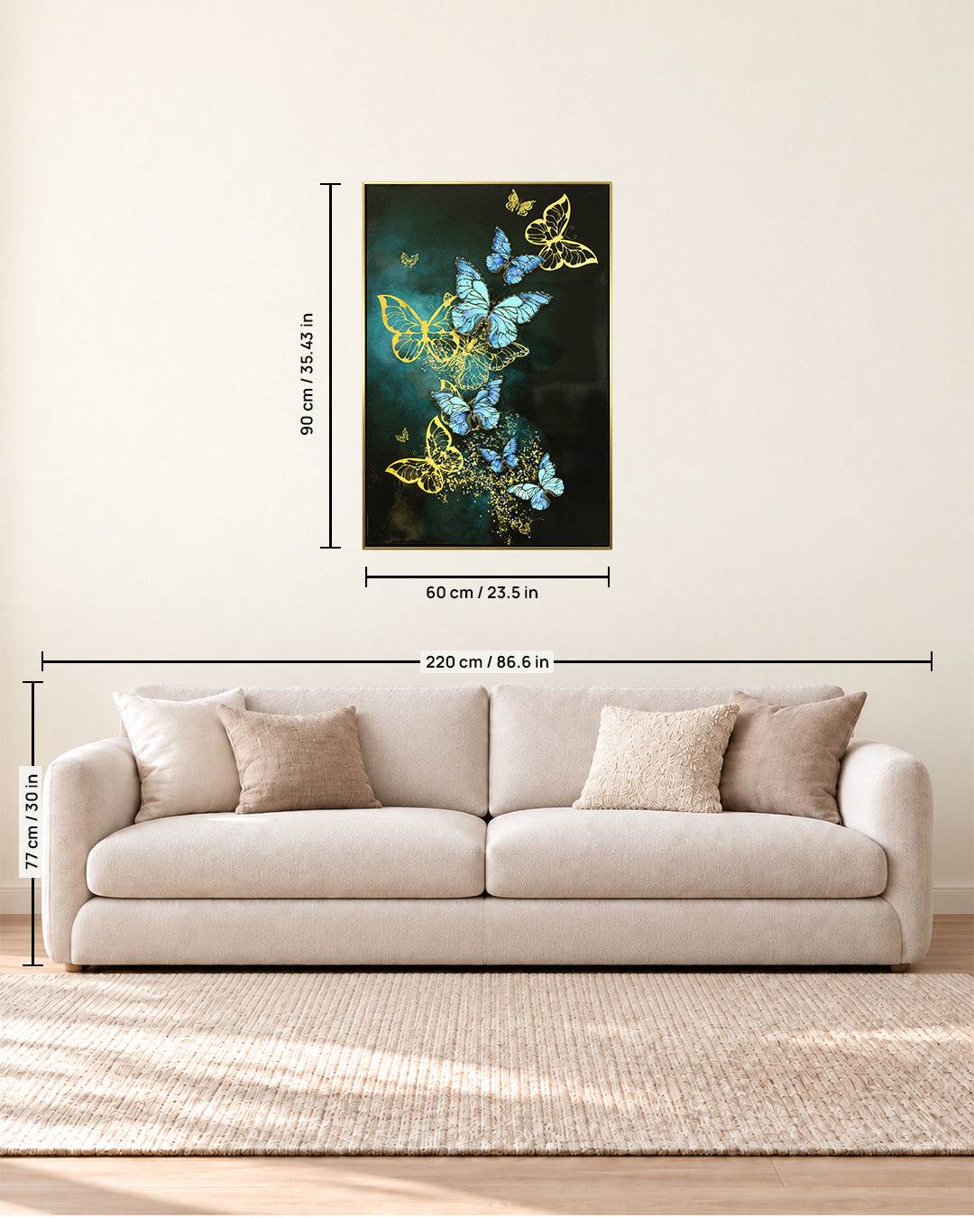 Lapis Aloft butterfly resin wall art size guide above a sofa