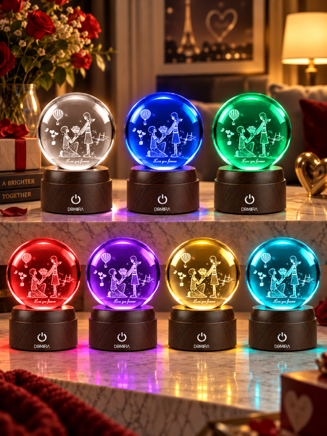 A Promise of Love crystal globe shown in seven LED colours