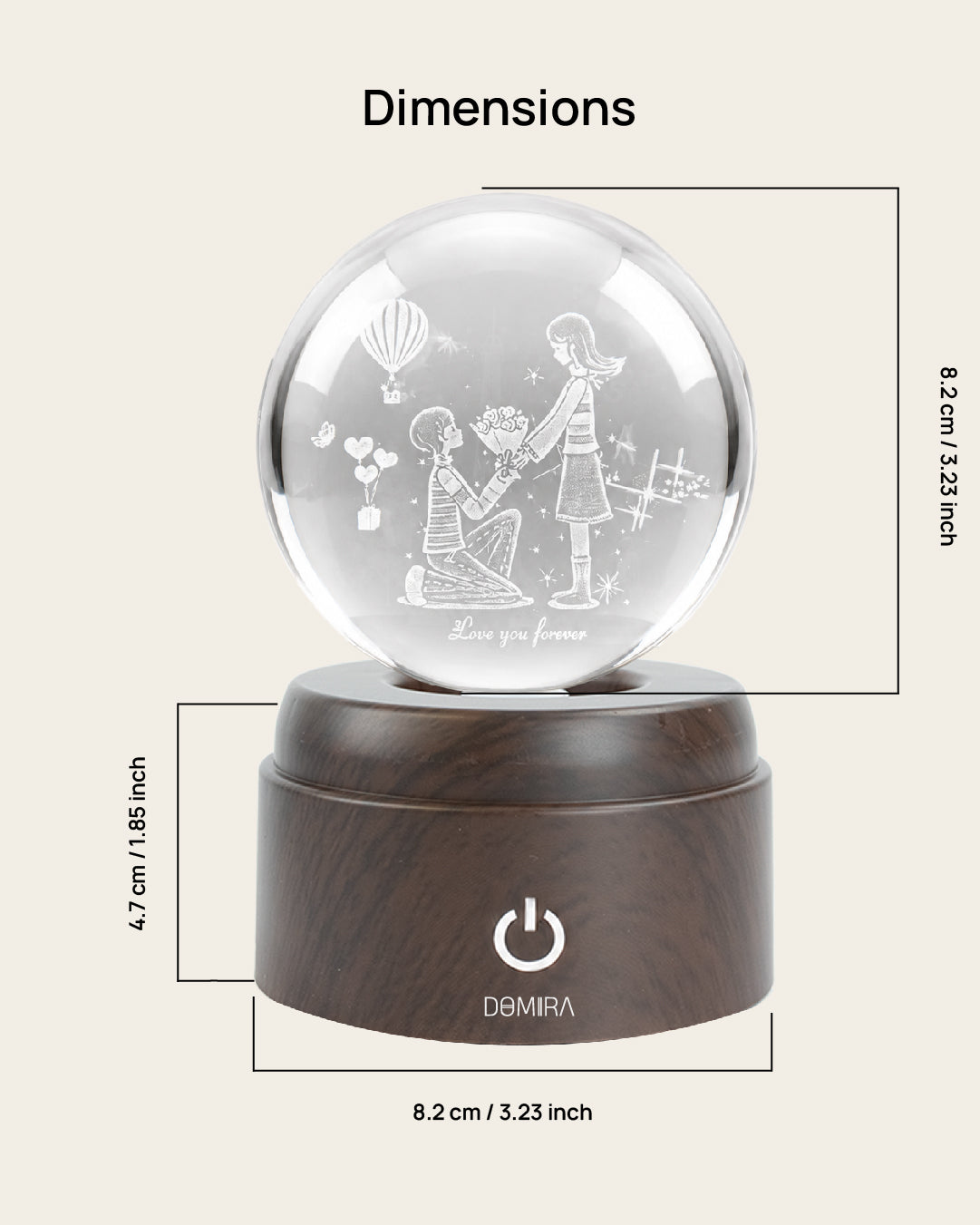 A Promise of Love crystal globe dimensions: 8.2 cm globe on an 8.2 cm wide, 4.7 cm high base