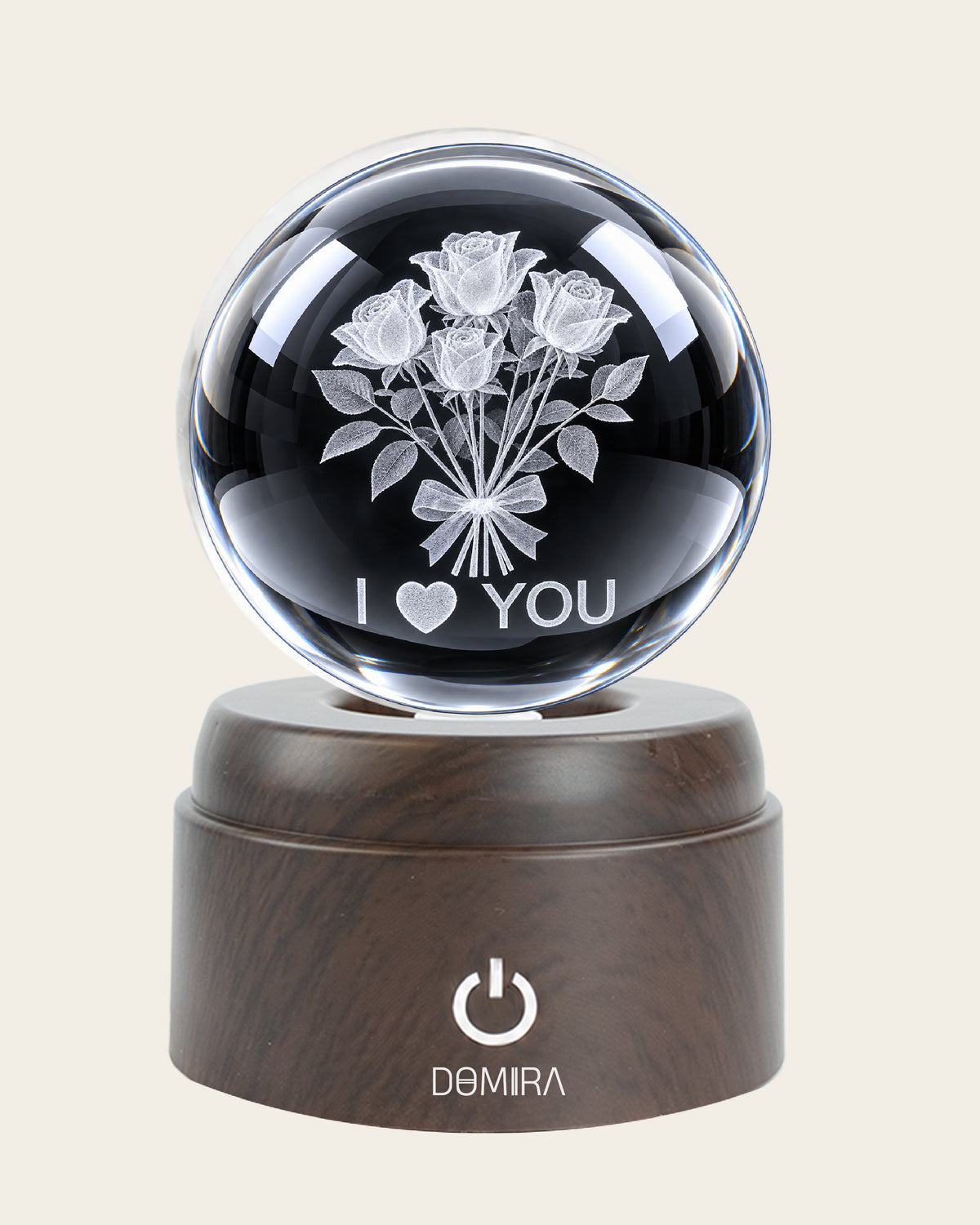 A Thousand Roses crystal globe close-up of the 3D engraved design