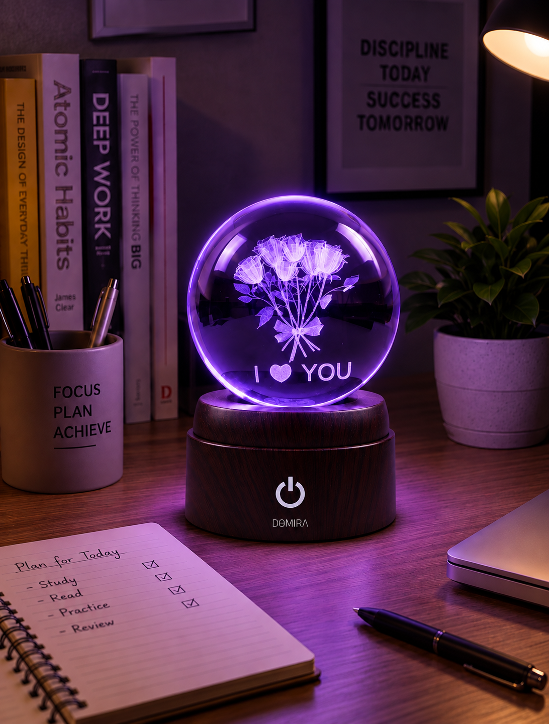 A Thousand Roses crystal globe glowing purple