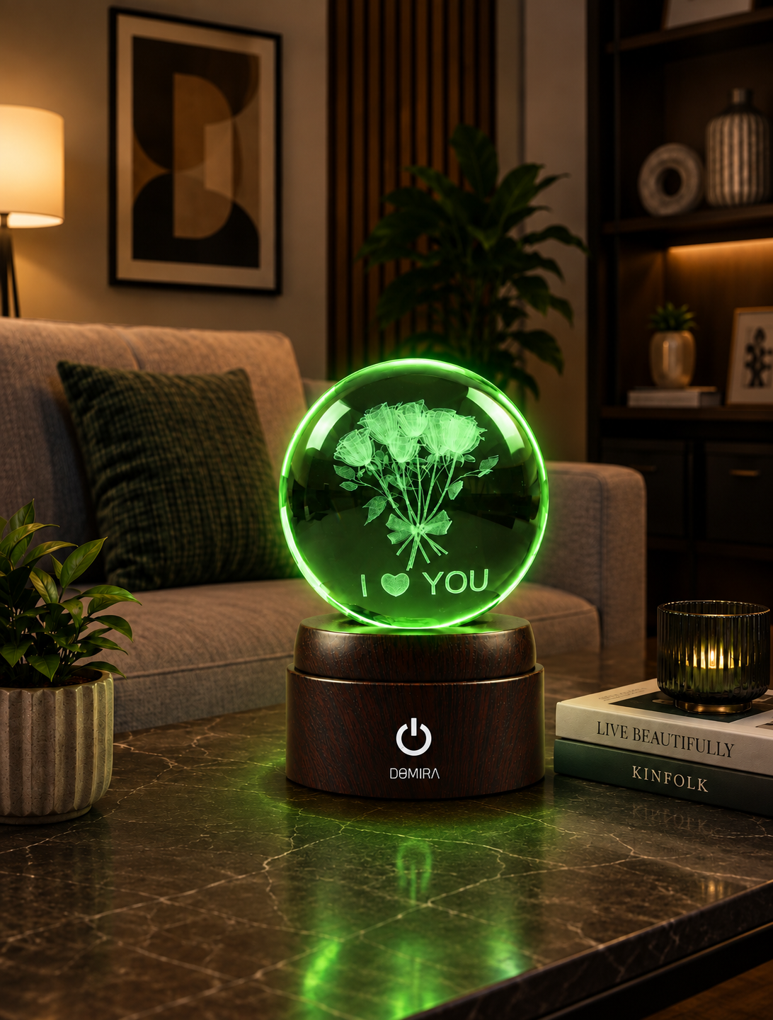 A Thousand Roses crystal globe glowing green