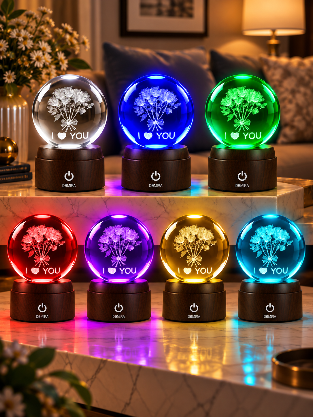A Thousand Roses crystal globe shown in seven LED colours
