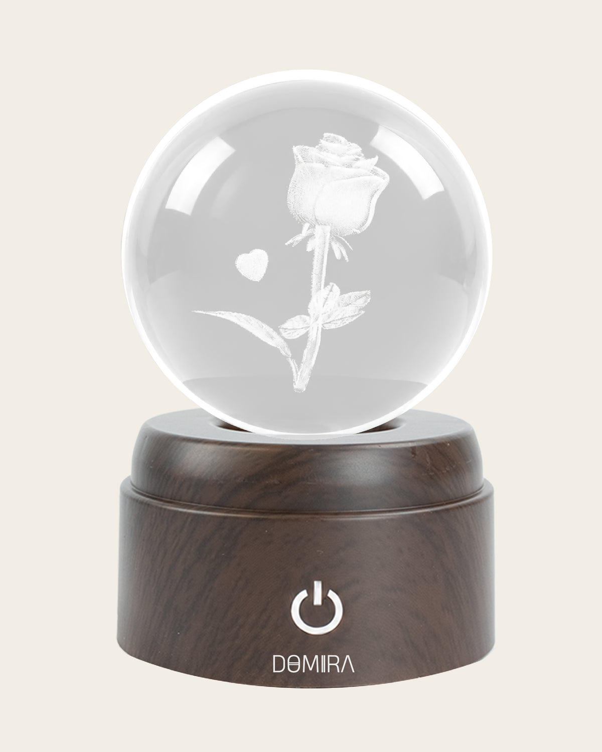 Eternal Rose crystal globe front view on its rotating LED base