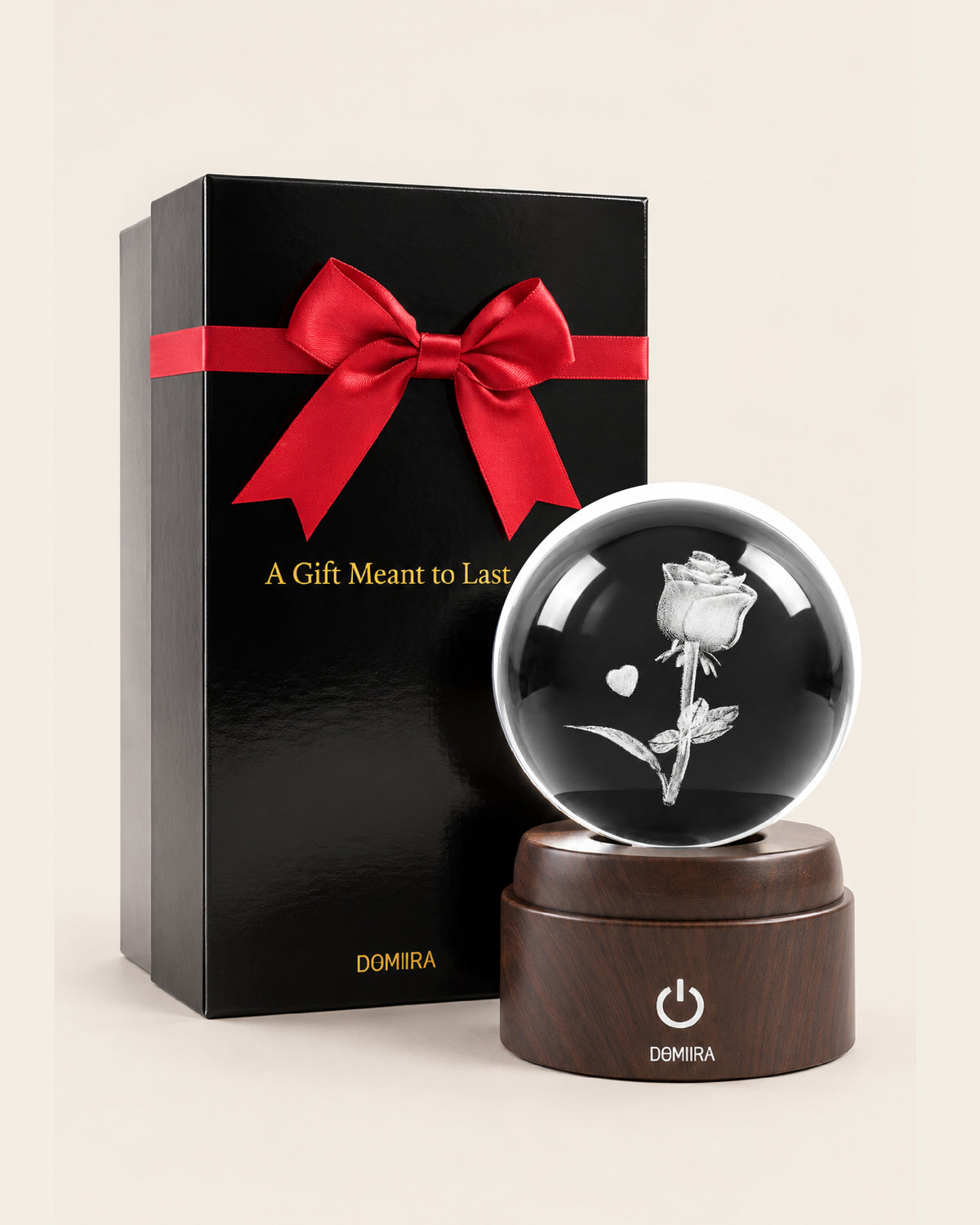 Eternal Rose crystal globe beside its ribbon-finished gift box
