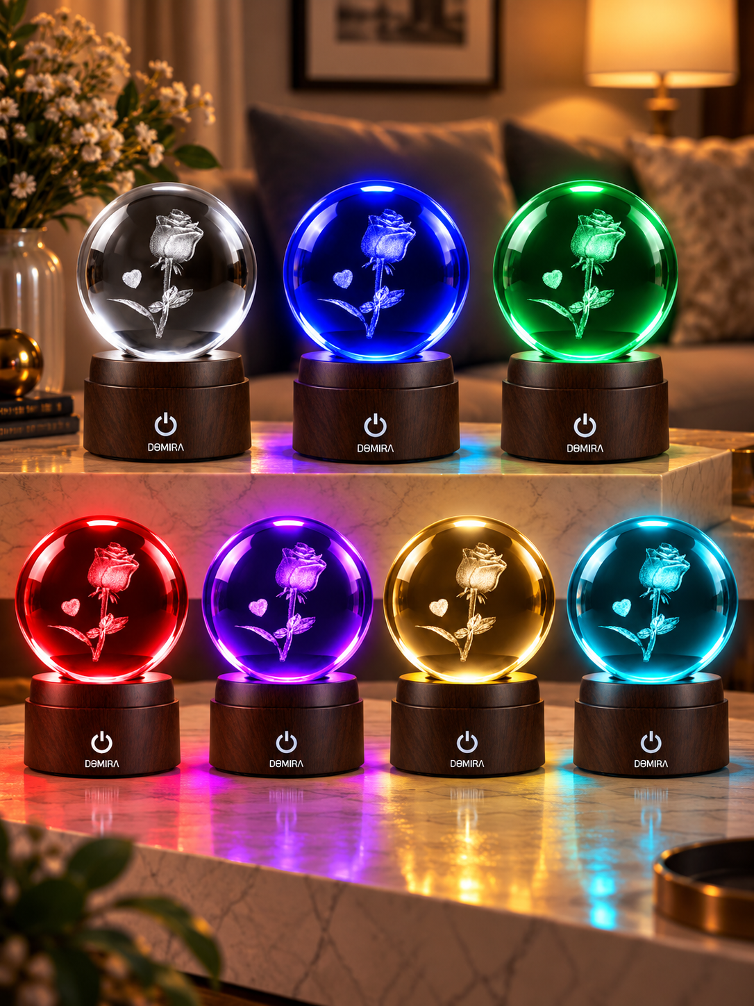 Eternal Rose crystal globe shown in seven LED colours