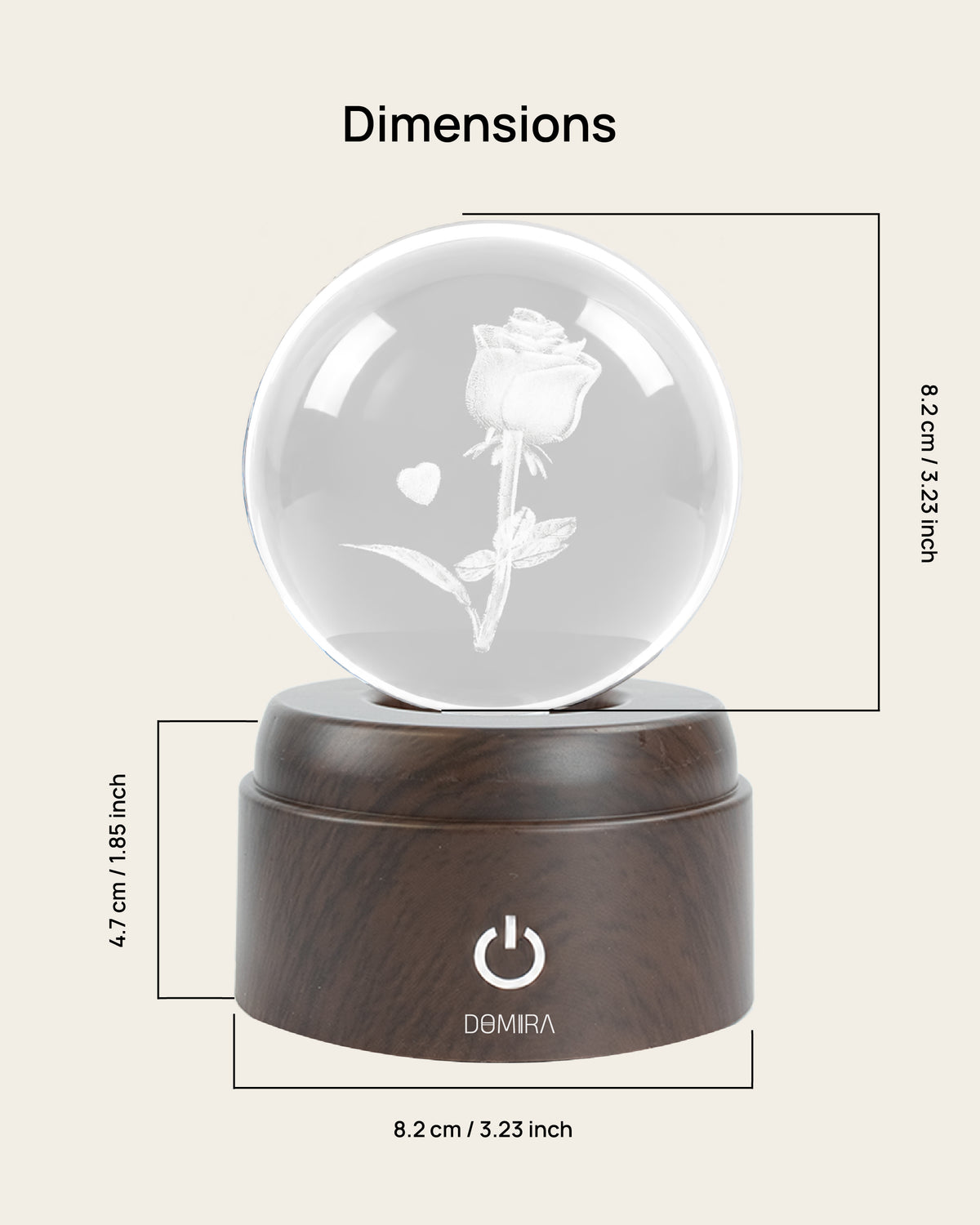 Eternal Rose crystal globe dimensions: 8.2 cm globe on an 8.2 cm wide, 4.7 cm high base