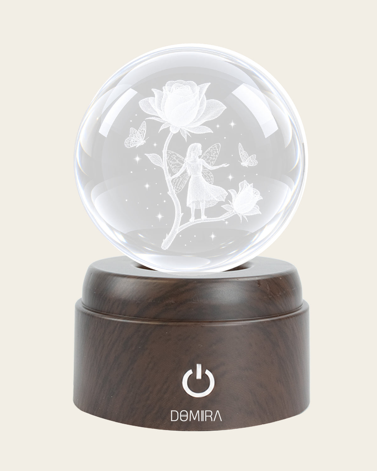 Garden of Dreams crystal globe front view on its rotating LED base