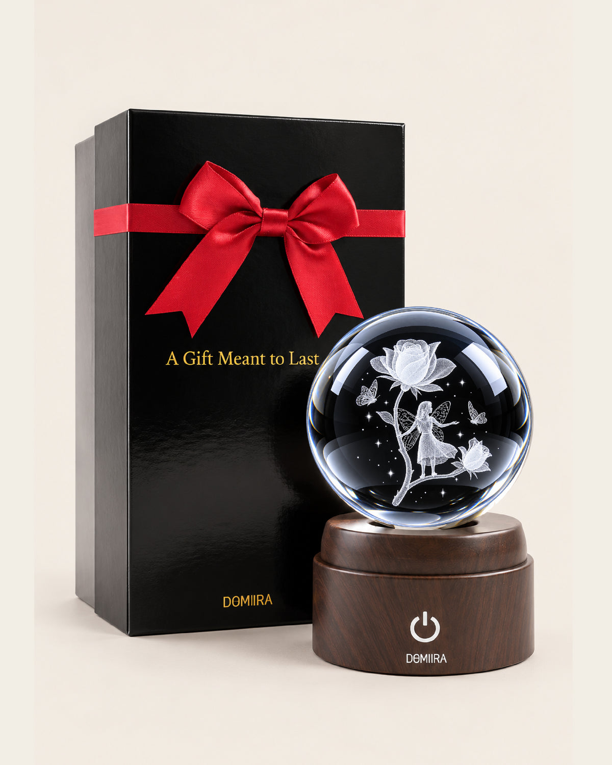 Garden of Dreams crystal globe beside its ribbon-finished gift box