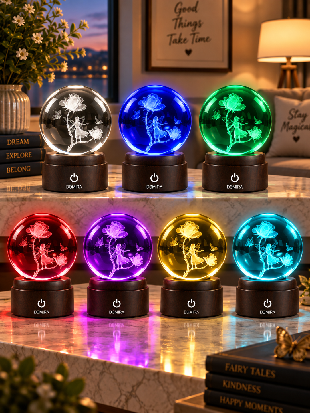 Garden of Dreams crystal globe shown in seven LED colours