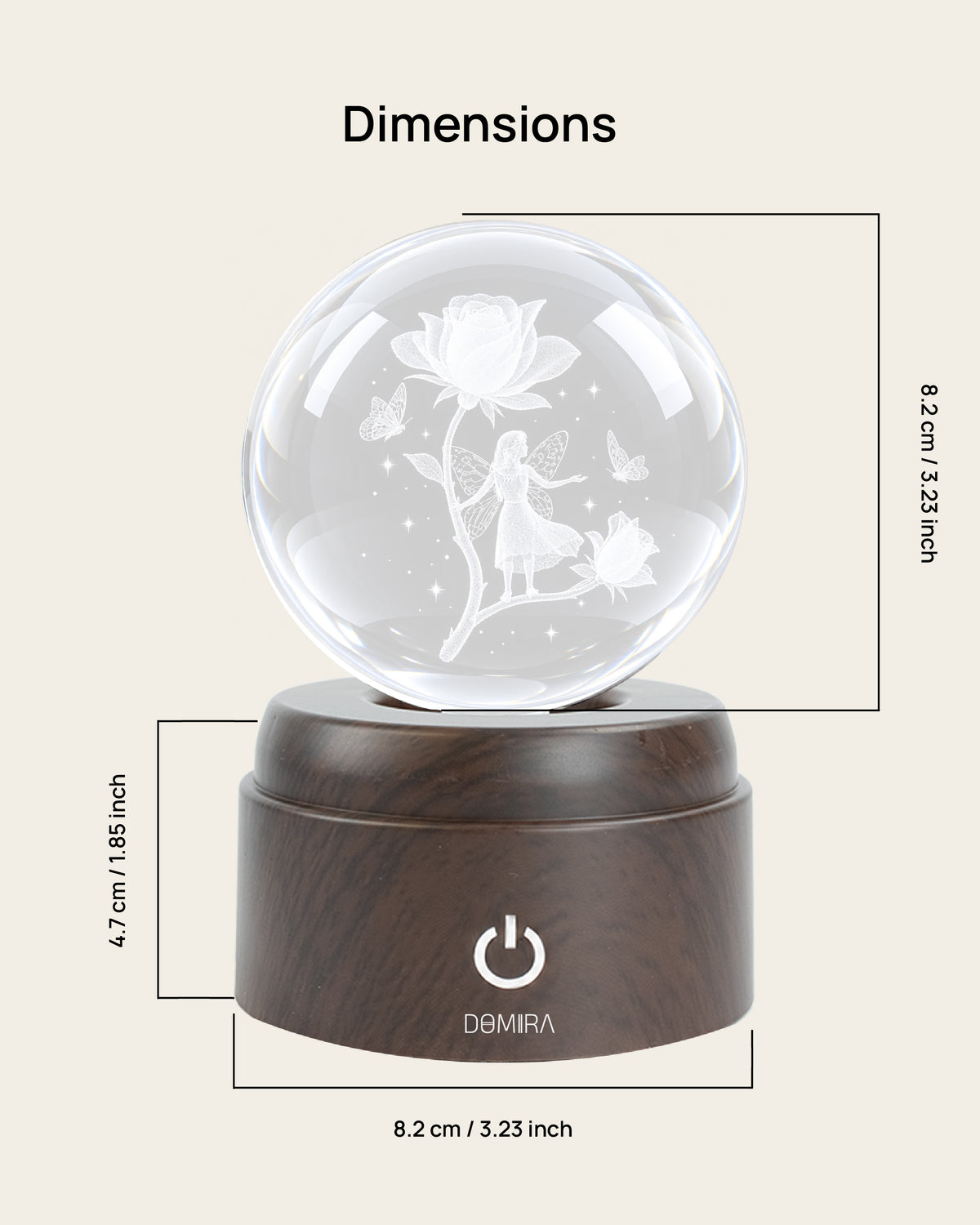 Garden of Dreams crystal globe dimensions: 8.2 cm globe on an 8.2 cm wide, 4.7 cm high base