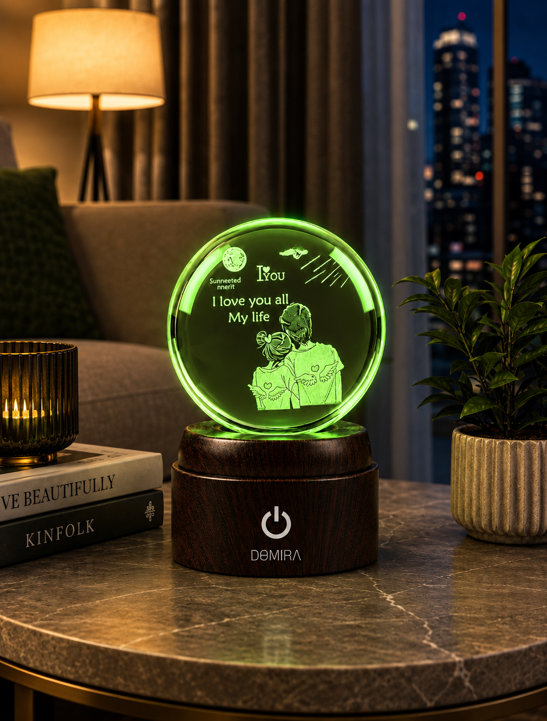 Together Forever crystal globe glowing green