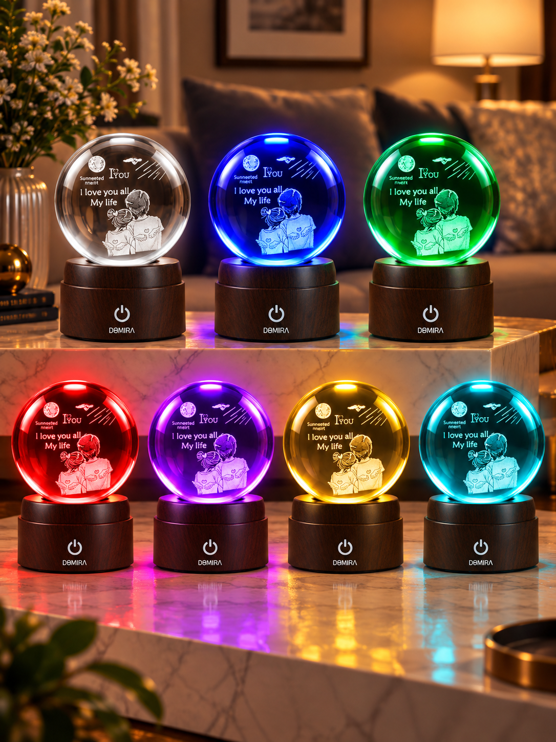 Together Forever crystal globe shown in seven LED colours