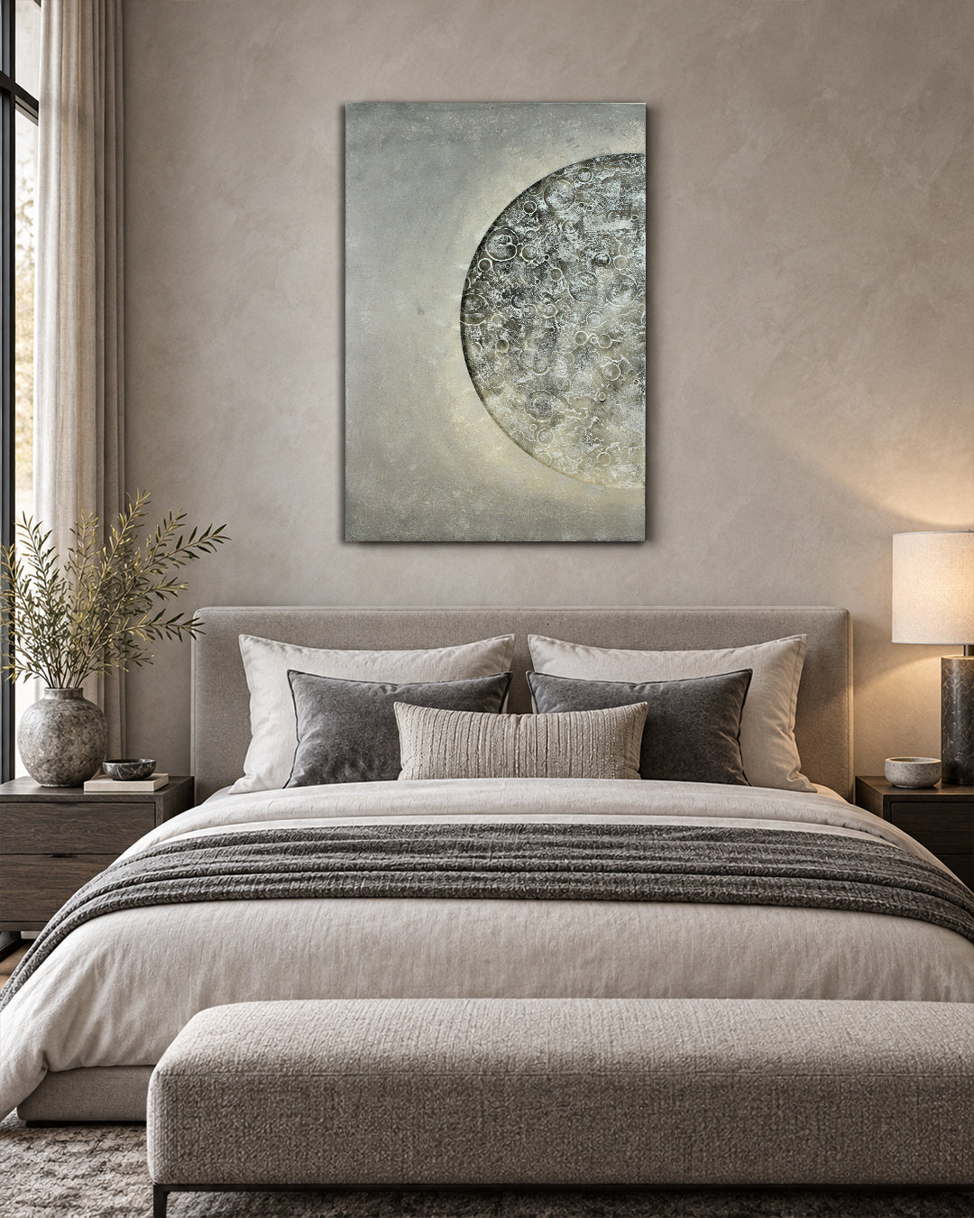Lunar Reverie illuminated moon canvas art above a bed in a bedroom