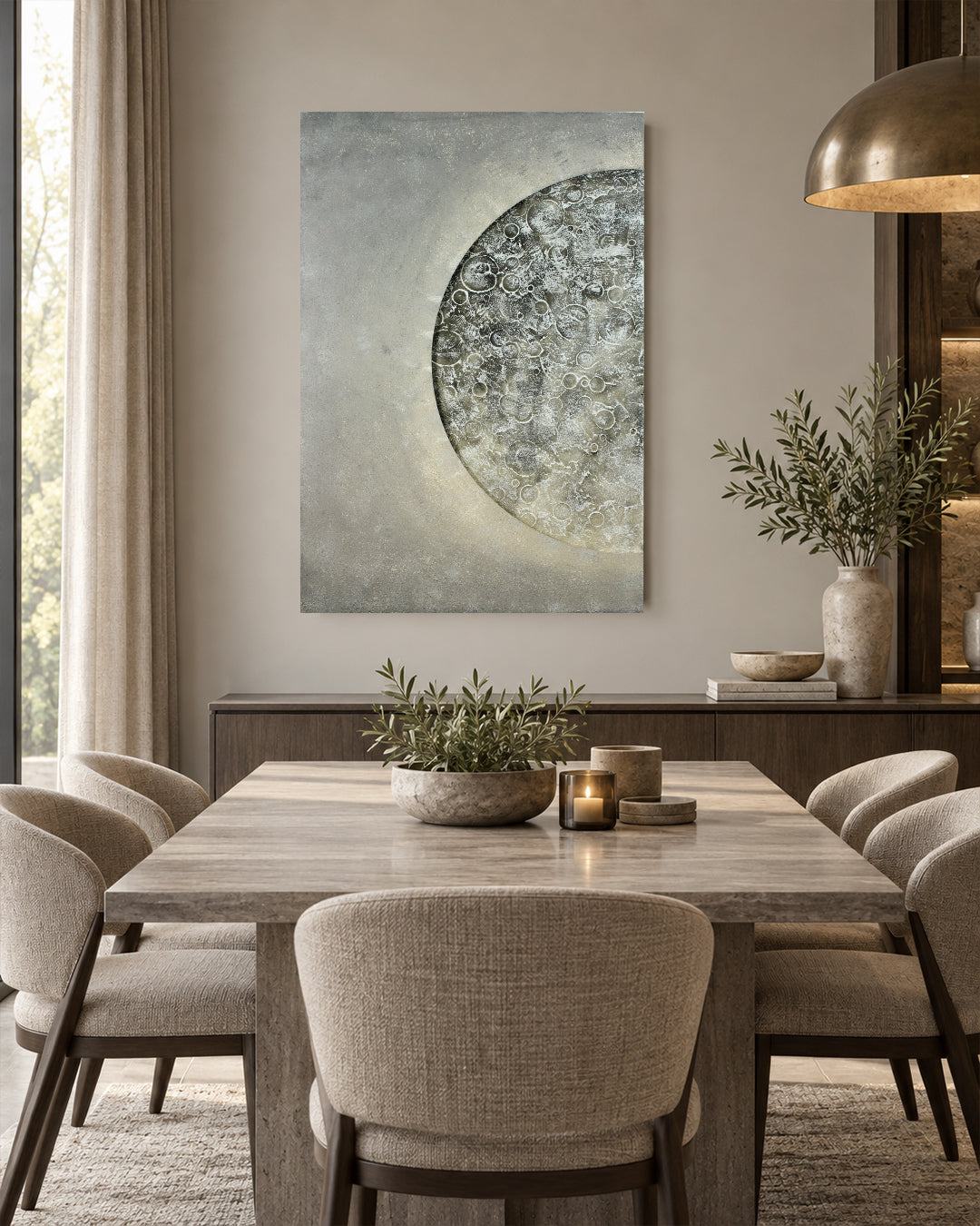 Lunar Reverie illuminated moon canvas art in a dining room