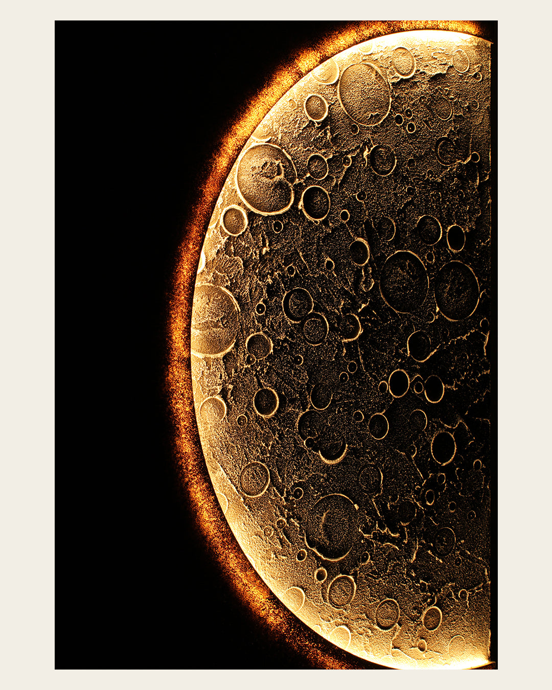 Lunar Reverie illuminated moon canvas art with the LED lighting switched on
