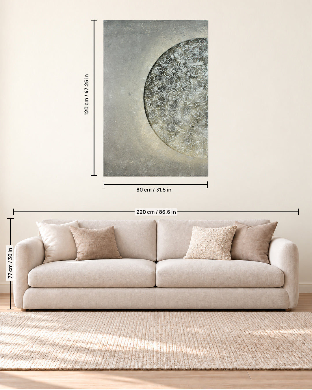 Lunar Reverie illuminated moon canvas art size guide above a sofa