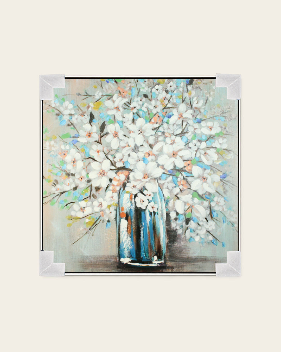 Magnolia Blue teal & white floral wall art with corner protectors for delivery