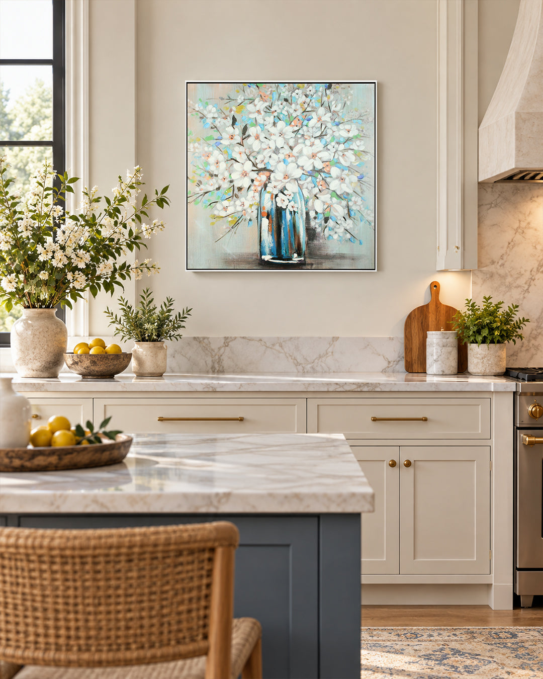 Magnolia Blue teal & white floral wall art in a kitchen