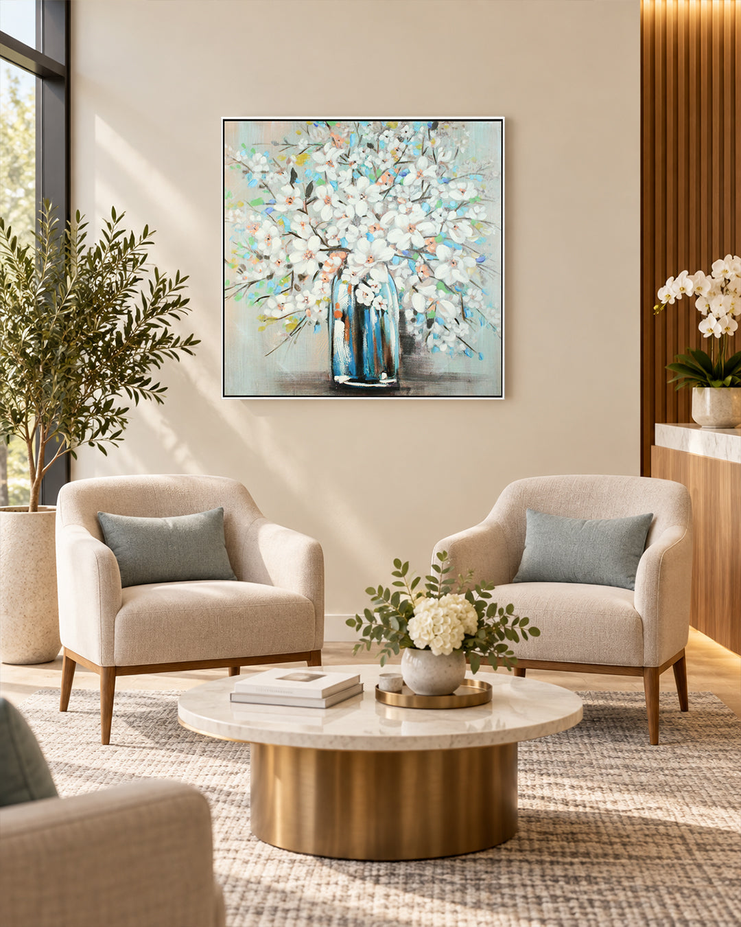 Magnolia Blue teal & white floral wall art in a sitting room with armchairs