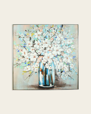 Magnolia Blue teal & white floral wall art in a silver and black frame