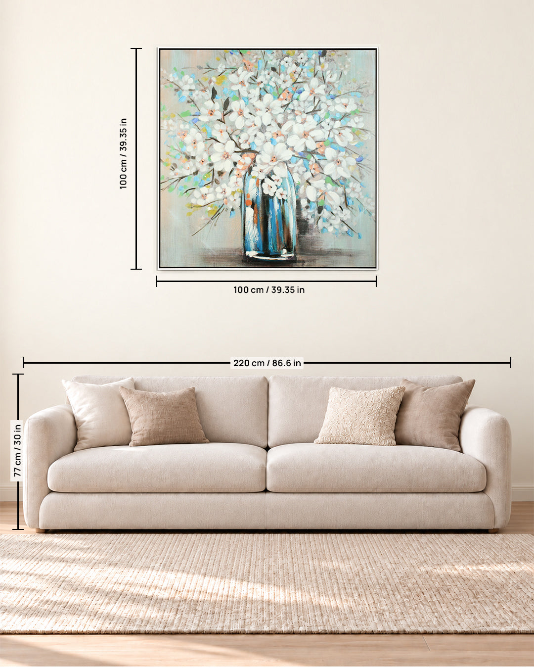 Magnolia Blue teal & white floral wall art size guide above a sofa