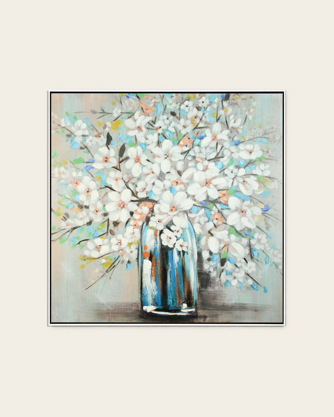 Magnolia Blue teal & white floral wall art in a white frame