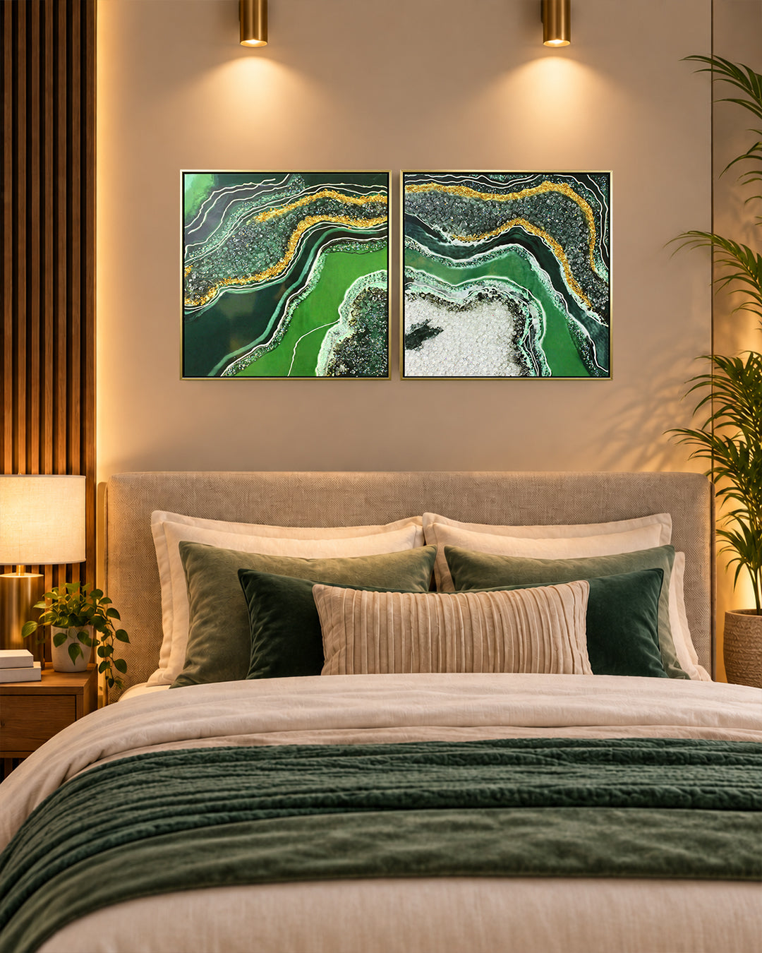 Malachite green and gold geode resin wall art set above a bed in a bedroom