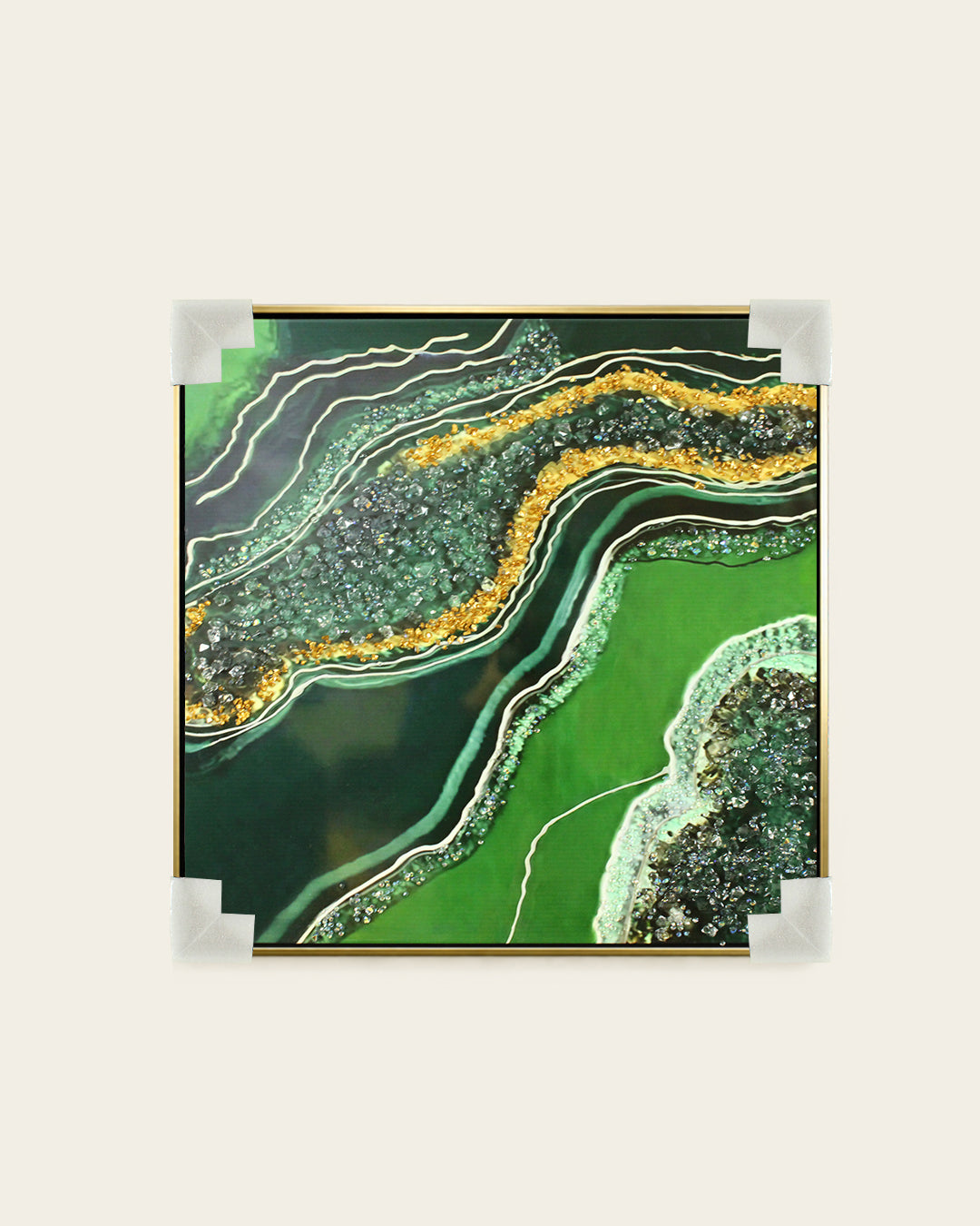 Malachite green and gold geode resin wall art set with corner protectors for delivery