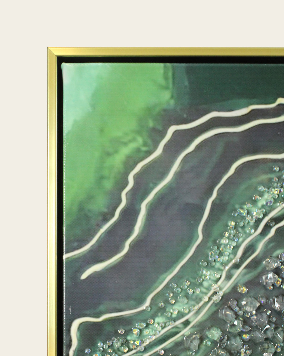 Malachite green and gold geode resin wall art set gold and black frame corner detail
