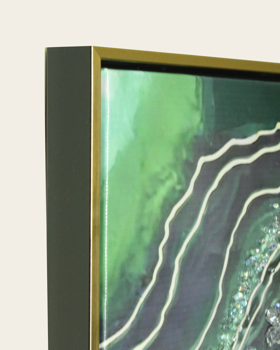 Malachite green and gold geode resin wall art set side profile of the gold and black frame