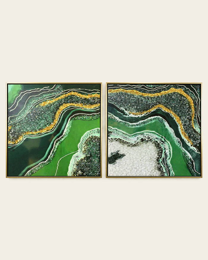 Malachite green and gold geode resin wall art set front view of both panels in gold and black frames
