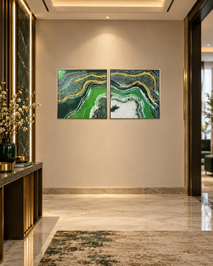 Malachite green and gold geode resin wall art set on a hallway wall