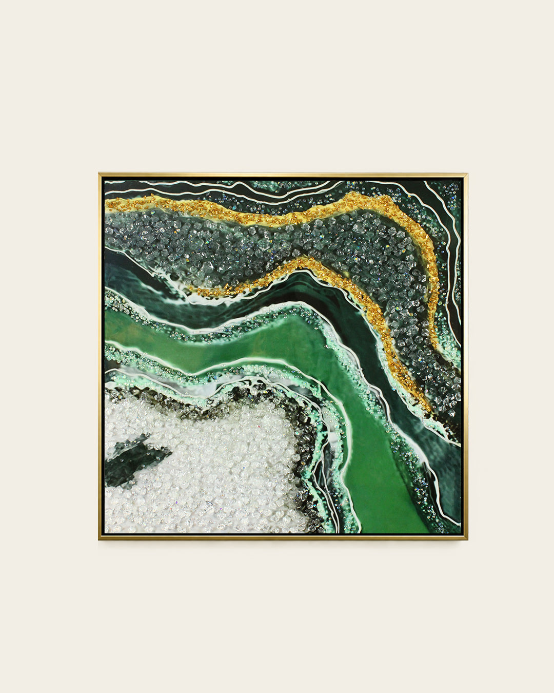 Malachite green and gold geode resin wall art set left panel front view