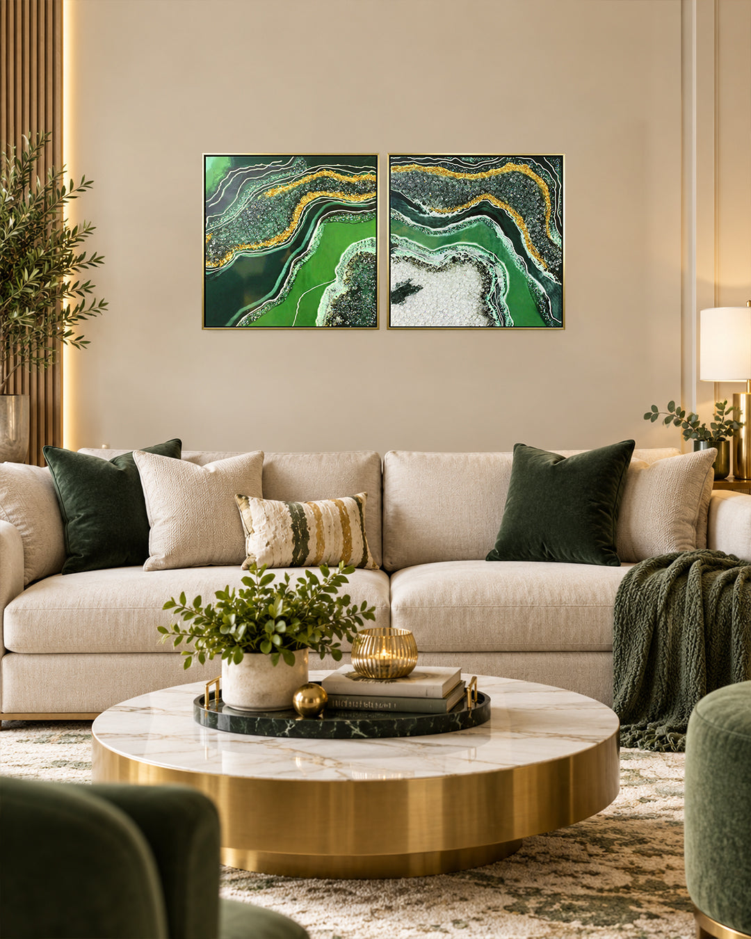 Malachite green and gold geode resin wall art set above a sofa in a living room
