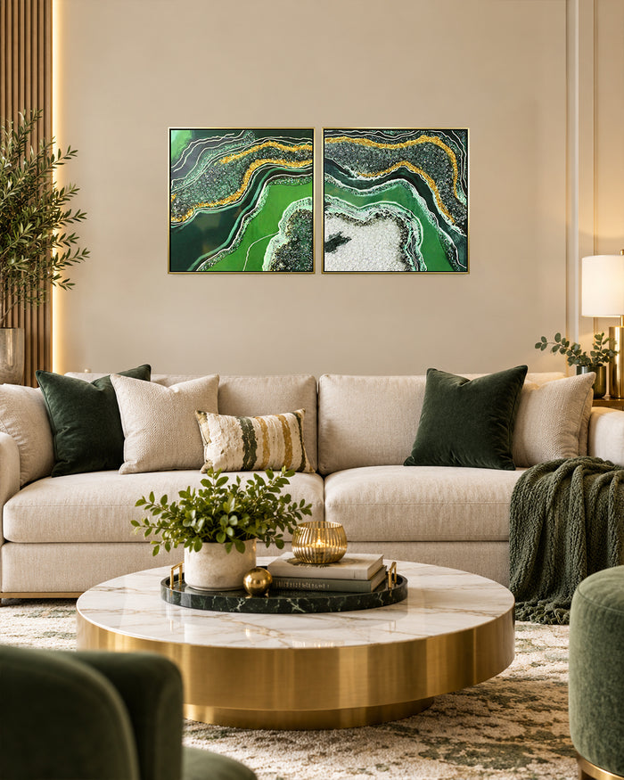 Malachite green and gold geode resin wall art set above a sofa in a living room