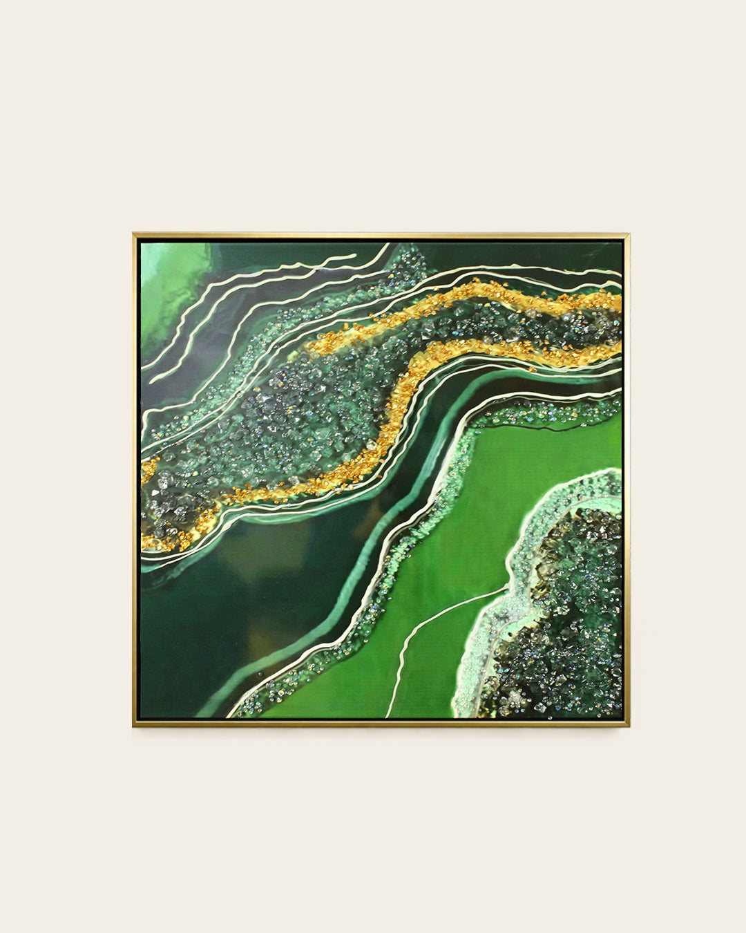 Malachite green and gold geode resin wall art set right panel front view